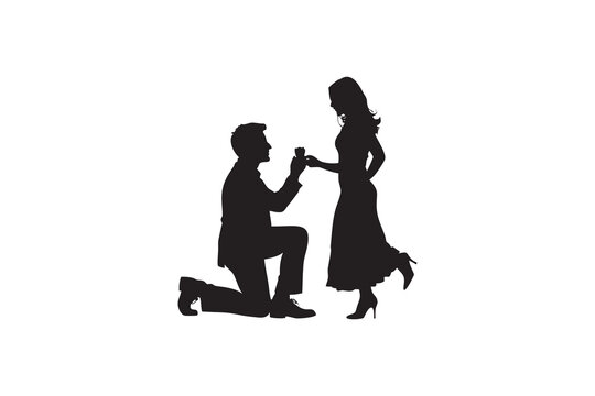 Silhouette of a man proposing to a woman with a ring symbolizing love commitment and a significant life event set against a clean white background