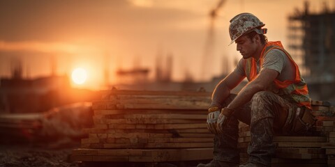 worker at jobsite sun up or sun down, exhausted from day of work at dusk, safety vest and hard hat