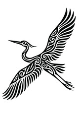 Fototapeta premium Tribal-style illustration of a flying heron, black and white, symbolic bird design for tattoos or decorations