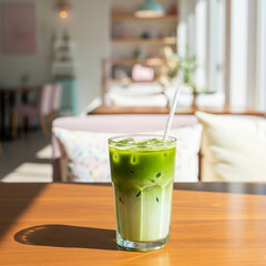 A fresh, healthy green tea matcha beverage with sweet offers a cold refreshment in a glass on the wooden table