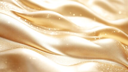 Elegant golden fabric drapes gently, catching the light with shimmering bokeh and subtle detail