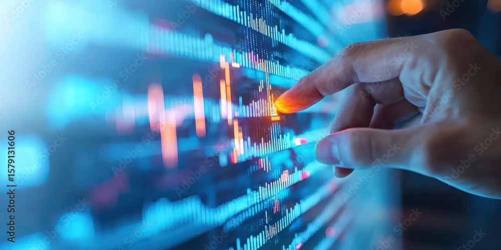 Poster economy financial stock concept. futuristic interface with a hand interacting with data visualizatio