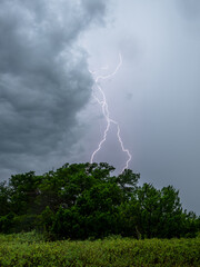 Lightning strikes over the calm water under a cloudy sky during a summer storm in the late afternoon