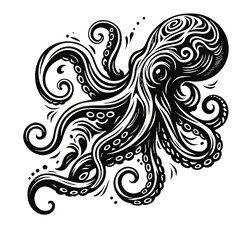 Intricate black and white illustration of an octopus, ornamental marine design with swirling tentacles for tattoos or artistic prints