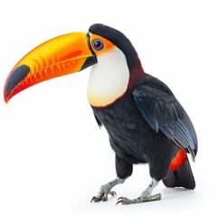Obraz premium Colorful toucan with large orange beak standing on white background