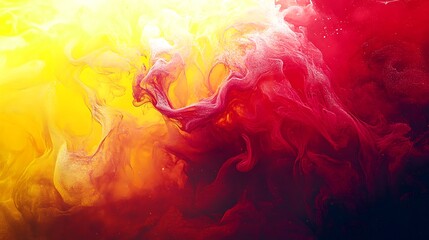 Ethereal red and yellow liquid swirls together to create an intense, abstract composition
