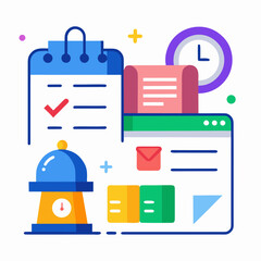 Time Management and Productivity Flat Icons – Calendar, Clock, Schedule Planning, Task List and Reminder Symbols in Modern Colorful Design

