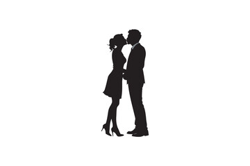 Silhouette of a loving couple kissing the woman wearing a dress and heels and the man in a suit isolated on a white background romantic