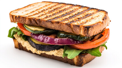 Grilled veggie sandwich with hummus, fresh vegetables, and toasted bread. Perfect for a healthy, delicious meal.