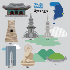 한국의 경주 문화유적과 랜드마크를 그린 일러스트
