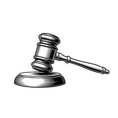 Court gavel on sound block in detailed monochrome vector style  