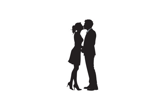 Silhouette of a loving couple kissing the woman wearing a dress and heels and the man in a suit isolated on a white background romantic