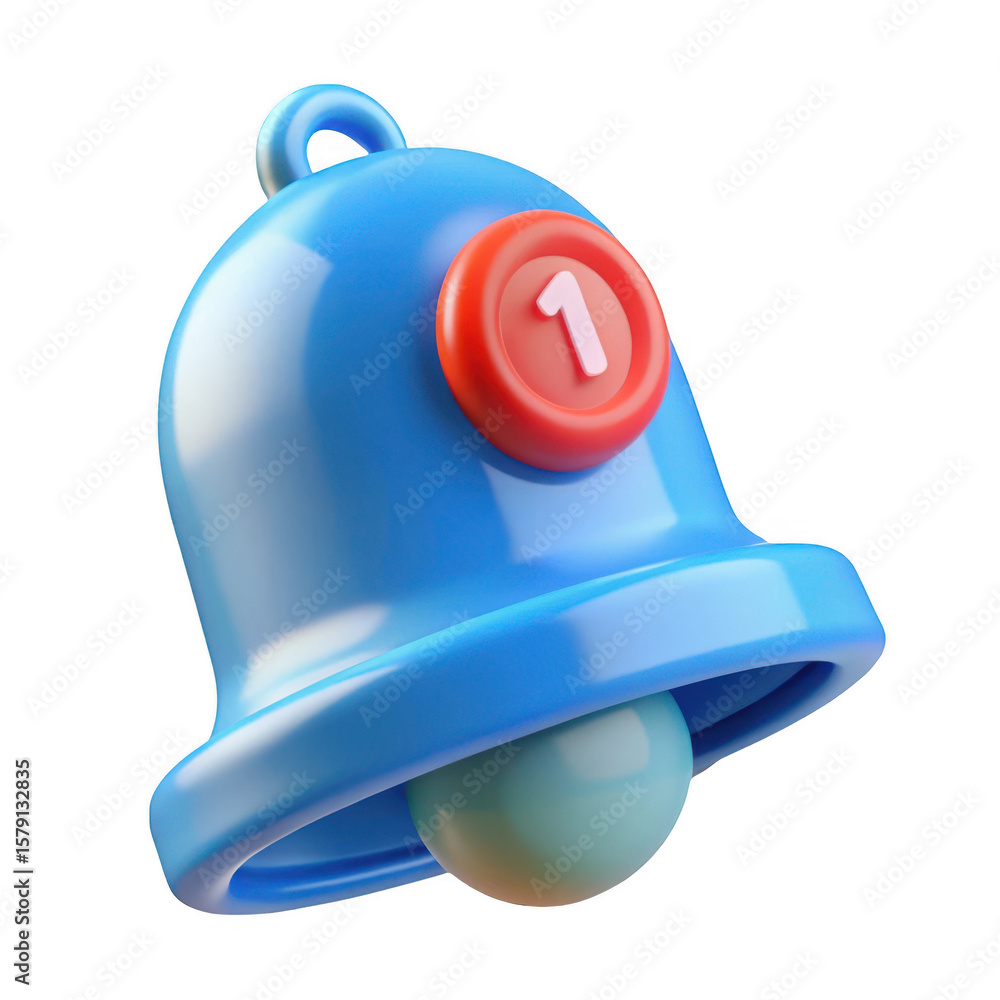 Poster a blue notification bell with a red badge displaying the number one isolated on transparent backgrou