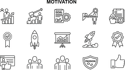 Fototapeta premium Motivation line icon set. Vector pictograms of personal growth, goal setting, perseverance, achievement, rocket launching, teamwork, passion, thumbs up thin linear 