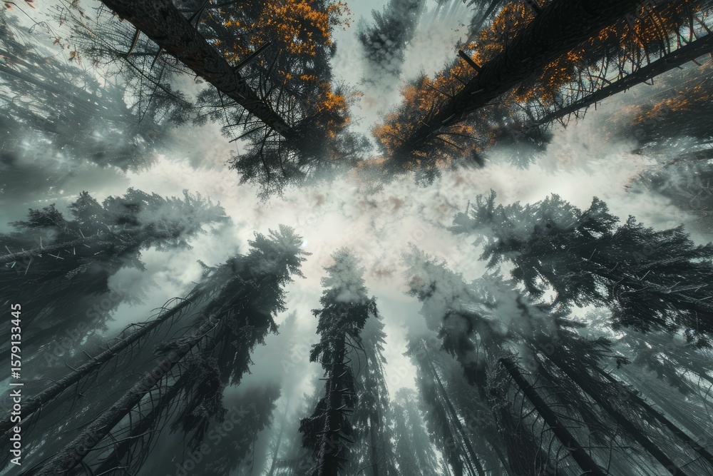 Aufkleber worm's eye view of tall trees in a mysterious forest with fog and cloudy sky