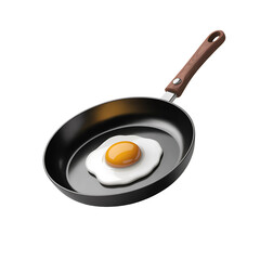 A fried egg rests in a black frying pan with a wooden handle, ready for breakfast, on a clean transparent background