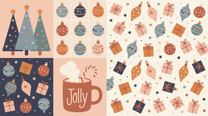 Festive holiday greeting card with ornaments and trees