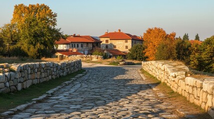 Ancient cobblestone road leads to autumnal village