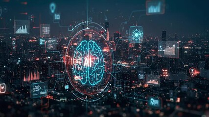 High-tech cityscape at night with futuristic AI brain visualization overlaying a skyline filled with illuminated skyscrapers and digital data analytics displays - Powered by Adobe