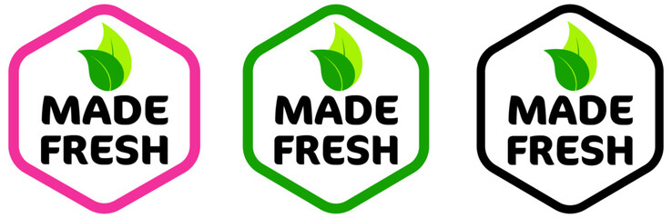 Freshly Made product label icon set, pink, green and black color outline stroke hexagon design with leaves and "Made Fresh" bold text. Vibrantly emphasizing freshness and natural ingredients logo.