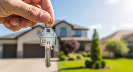 Hand holding a house shaped key in front of a blurred suburban home