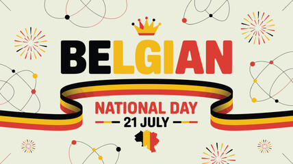 Belgian national day celebration design features flag colors with crown and fireworks for festive backgrounds.