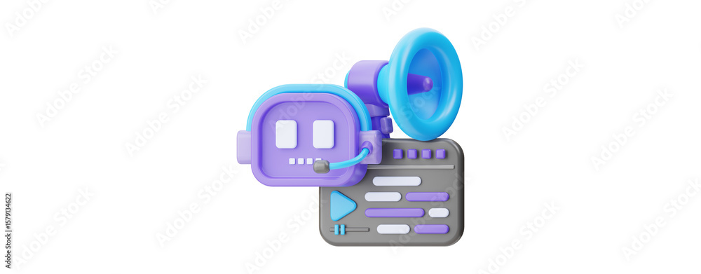 Fototapete A 3d illustration of a purple robot head with a blue headset and speaker, connected to a gray interface with sound waves, isolated on a transparent background