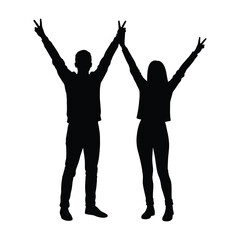 Fototapeta premium A silhouetted couple celebrates with arms raised in victory, isolated on white background