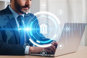 Modern Businessman Navigating Global Finance with Technology and Digital Banking, Showcasing Investment Strategies for Success in the Digital Age