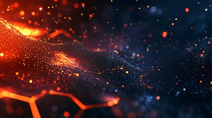 Glowing particles connect in a dazzling display of orange and blue light across the space