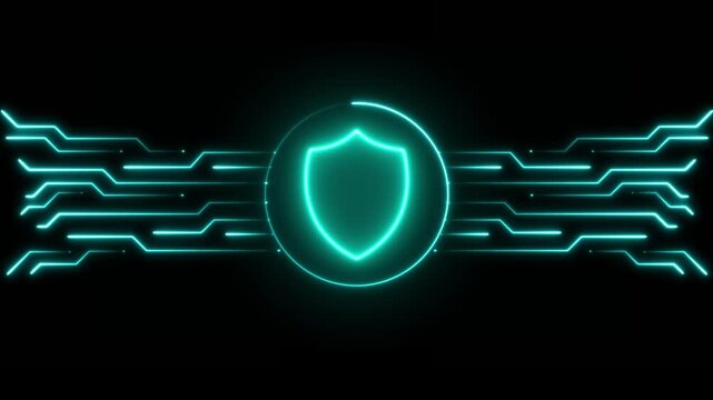 Neon security frame with shield icon animation isolated on black background