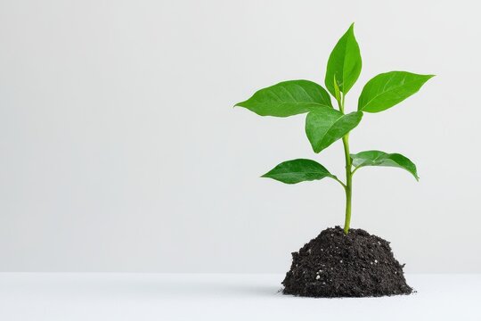 Fototapeta Young Plant Sprout Growing in Soil - A small green plant seedling emerges from dark soil against a bright white background. Represents growth, new beginnings, and environmental themes