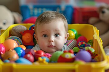 Obraz premium Cute baby playing with colorful educational toys in a yellow container, enjoying playtime and early development