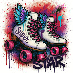 Graffiti style drip illustration with girl roller skates and super star lettering for kids design