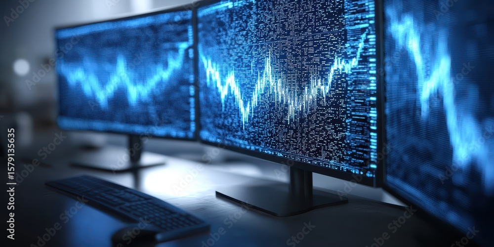Poster economy financial stock concept. high-tech monitors displaying data visualizations in a modern works