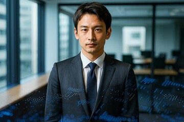 Confident Asian Businessman in a Modern Office Setting with Data Visualization Overlay for Corporate Leadership and Innovation Concepts Portrait
