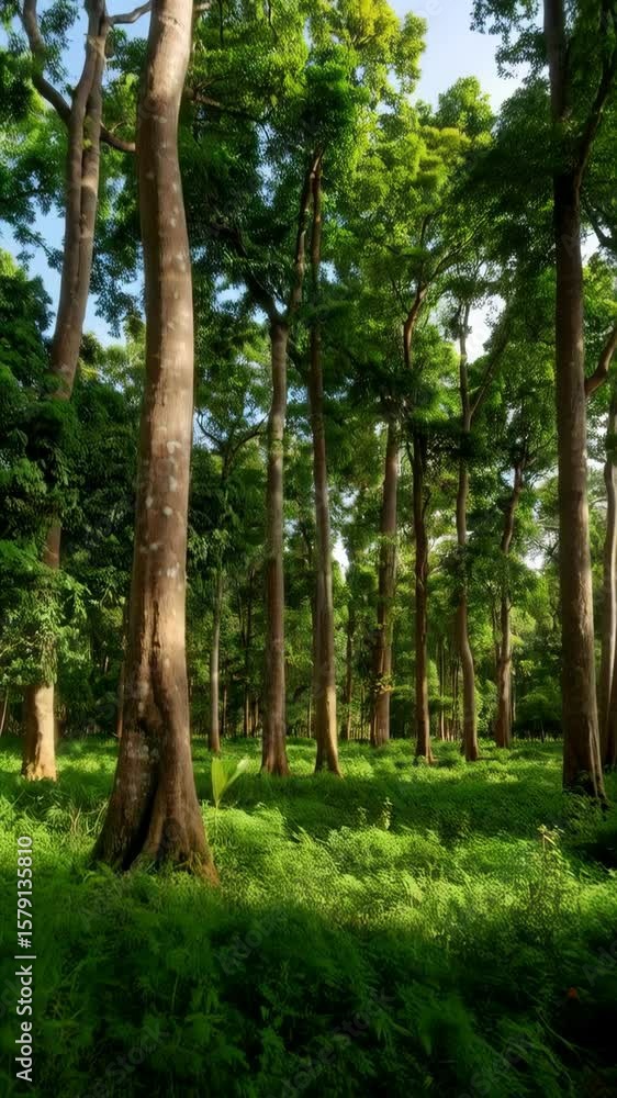 Poster sunlight shining through a serene green forest with tall trees and lush ferns in a dense, verdant en