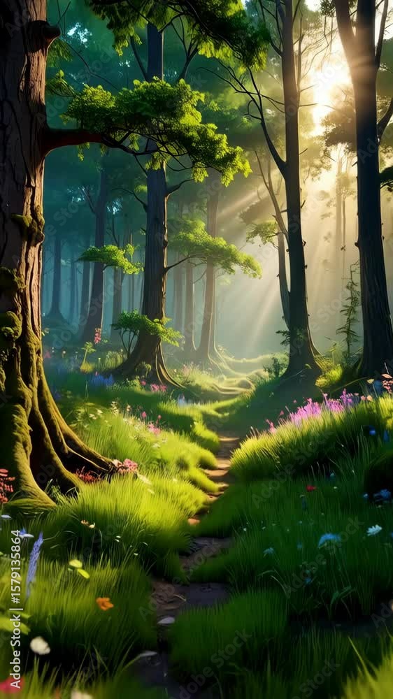 Poster sunlit path winding through a vibrant forest with tall trees and colorful wildflowers in bloom creat