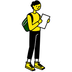 Curious Traveler Reading Map – Modern Vector Illustration of Young Explorer with Backpack