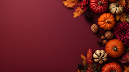 Vibrant autumn flat lay with pumpkins, colorful leaves, and festive decor on a rich burgundy background. Perfect for fall themes.