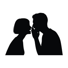 A silhouette of a man whispering a secret into a womans ear, isolated on white background, representing gossip and communication