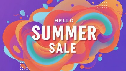 Bright and Colorful Graphic Banner Featuring Text 'Hello Summer Sale' with Abstract Shapes and Vibrant Designs Against a Purple Background - Powered by Adobe