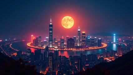 Fototapeta premium Urban Moonlit Skyline Celebration