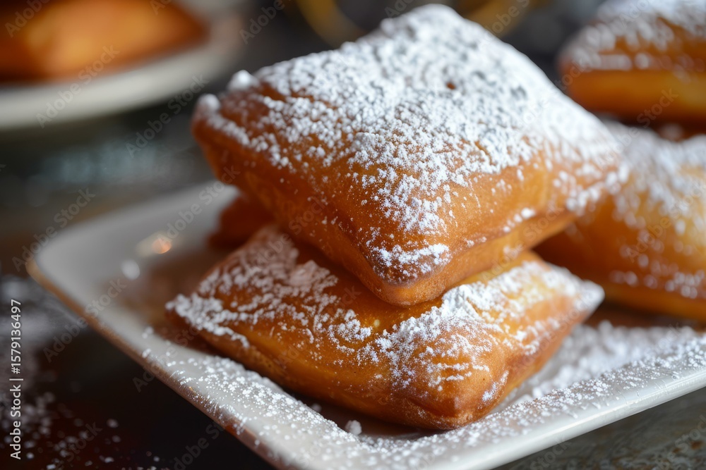 Poster freshly made beignets, generously dusted with powdered sugar, create a tempting display on a white p