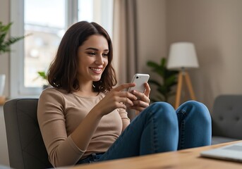 Young smiling pretty woman holding smartphone using cell mobile phone taking break relaxing while remote working or learning from home sitting on chair at table. Generative AI