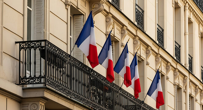 French Flags Adorning a Parisian Balcony