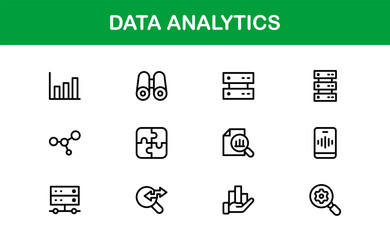 Vector Icons for Data Analytics Including Graphs, Statistics, Insights, Dashboards, and Analysis Tools