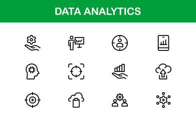 Vector Icons for Data Analytics Including Graphs, Statistics, Insights, Dashboards, and Analysis Tools