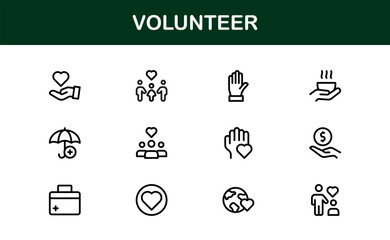 Professional Volunteer Icon Pack in Outline Vector Style Highlighting Charity, Support, and Community Engagement