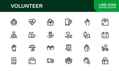 Professional Volunteer Icon Pack in Outline Vector Style Highlighting Charity, Support, and Community Engagement